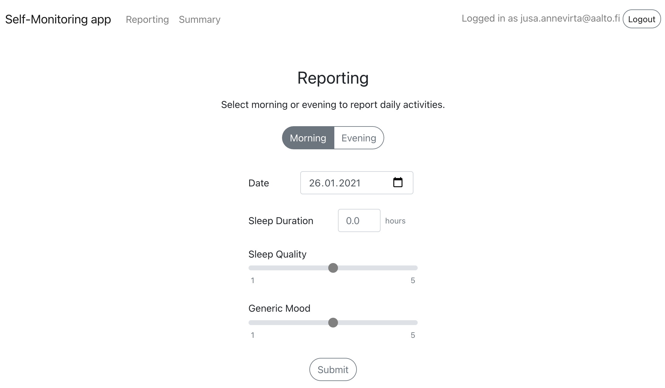 Self Monitoring App – Home Screen